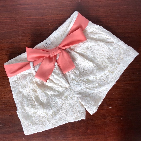 ezra Pants - Cream Ivory Lace Ezra Boho Shorts + Coral Bow Belt